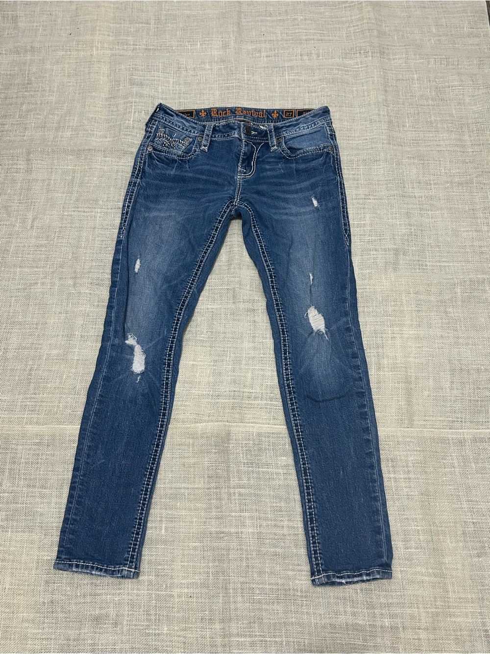 Rock Revival Women's Skinny
Jeans Blue Denim Distressed
Embroidered Accents 27
